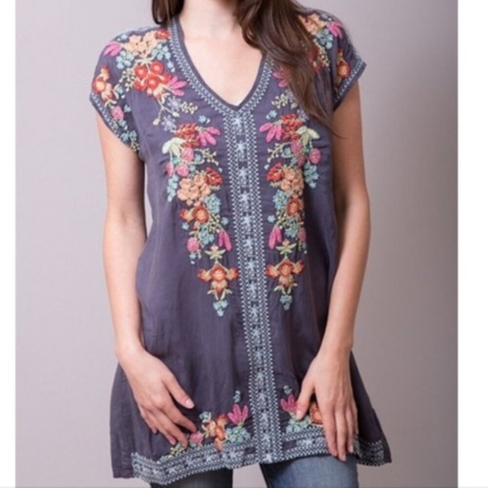 Johnny Was Blue Grey Heidi S Cap Sleeve V Neck Embroidered Sheer Tunic Kaftan - Picture 3 of 13